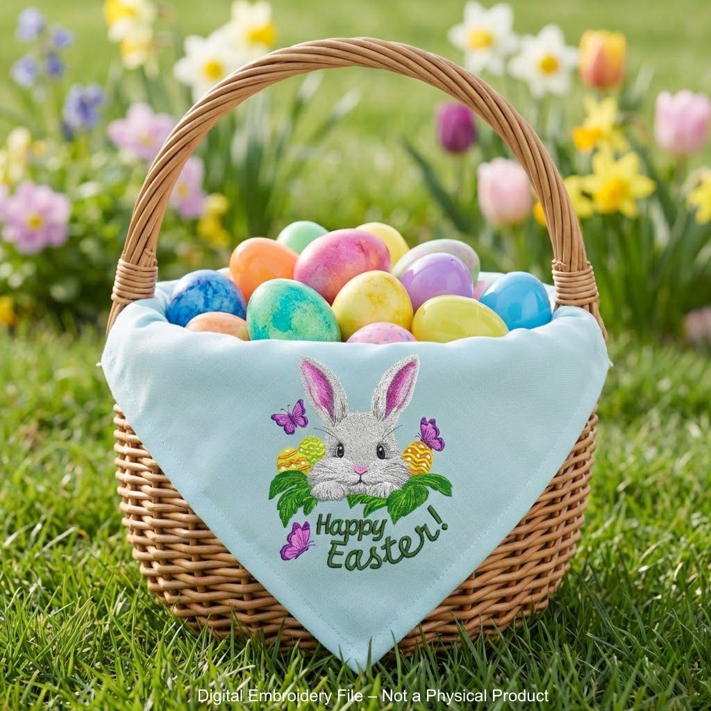 Easter bunny machine embroidery design with spring elements, cute rabbit embroidery with holiday theme