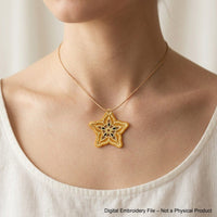 FSL carambola star fruit embroidery designs in two sizes — warm gold lace star shape with cream inner pattern and dark seed details — finished stitched results, Free Standing Lace machine embroidery pattern for earrings and pendants.