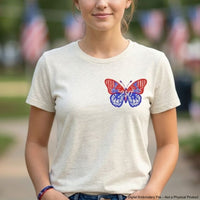 Patriotic butterfly machine embroidery design with floral ornament in USA flag colors and number 250.