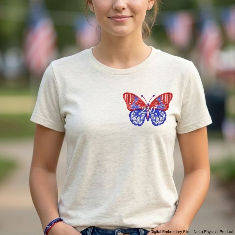 Patriotic butterfly machine embroidery design with floral ornament in USA flag colors and number 250.