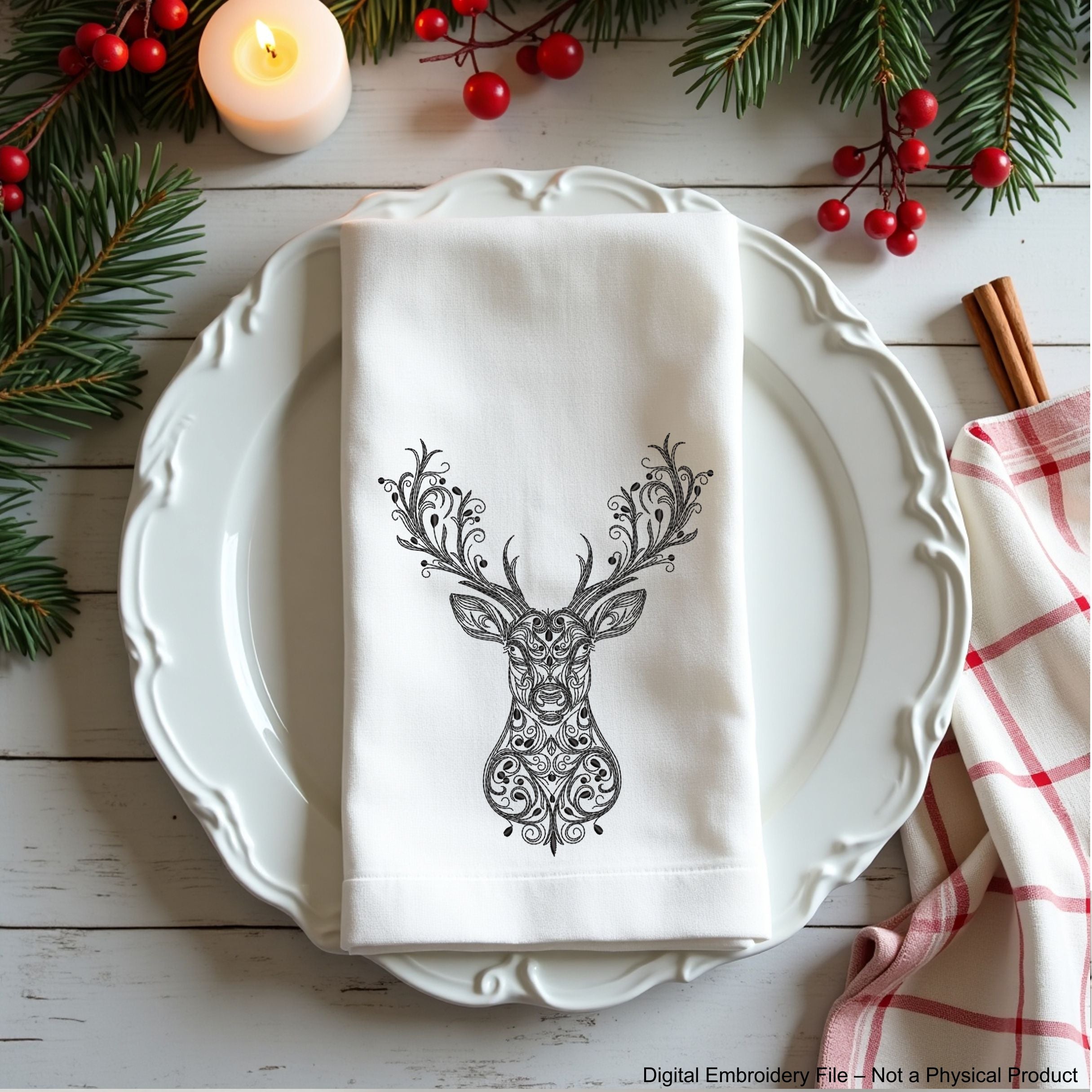 Deer head embroidery design with swirl details – one-color digital machine embroidery file for holiday and winter projects.