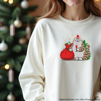 Festive Christmas embroidery design with a funny Santa cat – digital file for holiday machine embroidery projects.