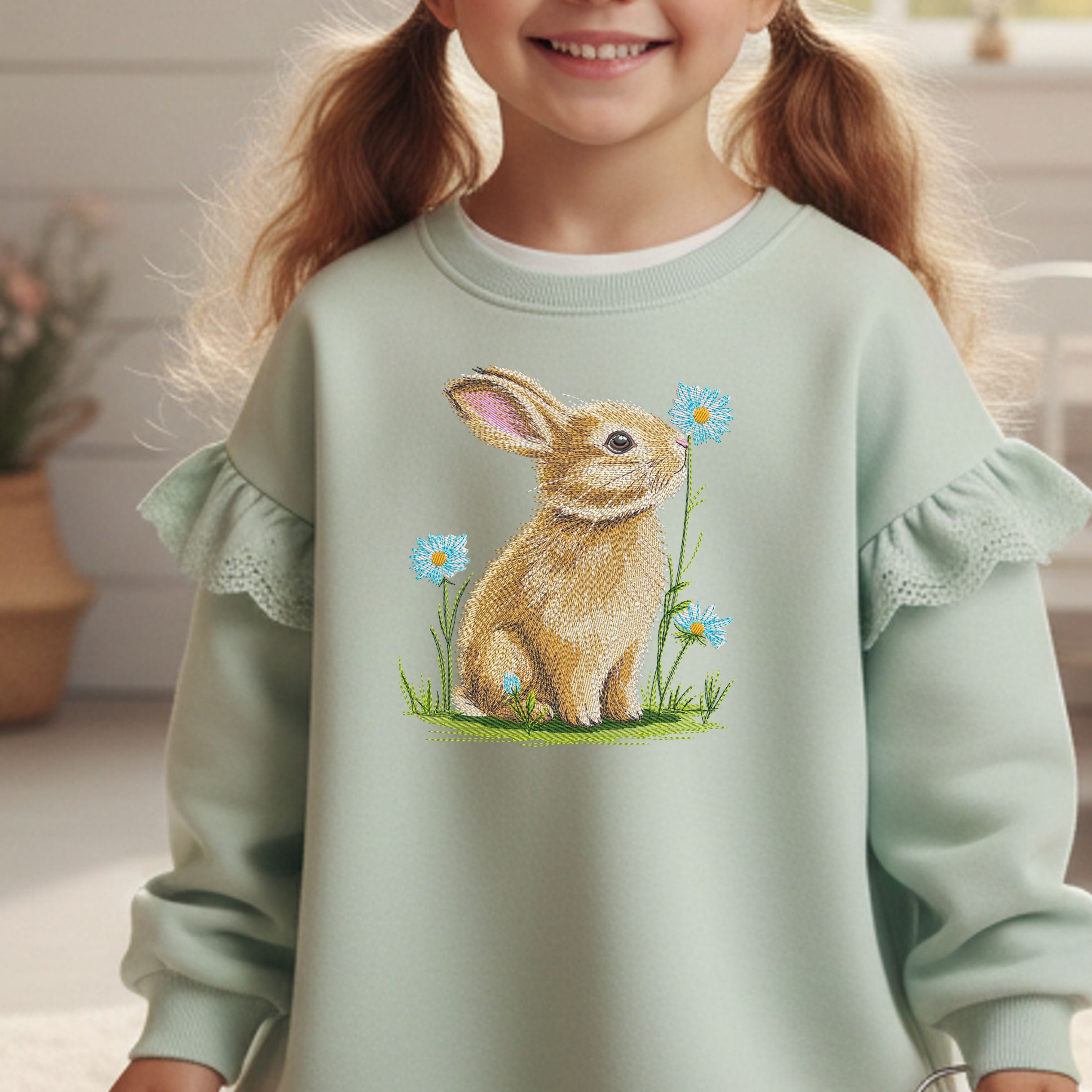 A collection of five high-quality machine embroidery designs: bunnies with butterflies, wildflowers, dandelions, and spring greenery in a realistic style.