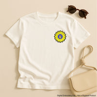 Sunflower Ukrainian flag embroidery design with satin border – ideal as a patch or for shirts, bags, and patriotic decor.