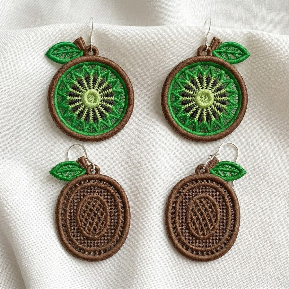 Four FSL kiwi embroidery designs in two styles — green kiwi cross-section and brown whole kiwi fruit — shown as mirrored pairs, Free Standing Lace machine embroidery pattern for earrings and pendants.