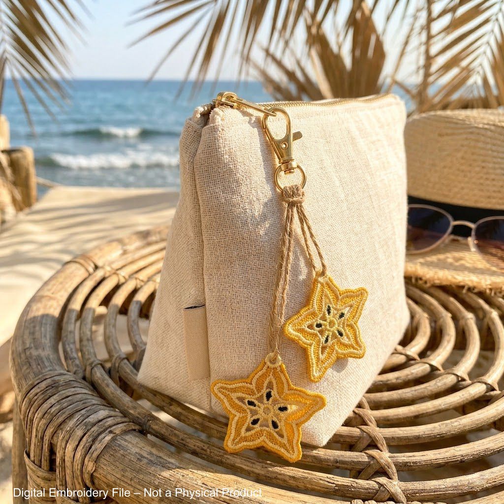 FSL carambola star fruit embroidery designs in two sizes — warm gold lace star shape with cream inner pattern and dark seed details — finished stitched results, Free Standing Lace machine embroidery pattern for earrings and pendants.