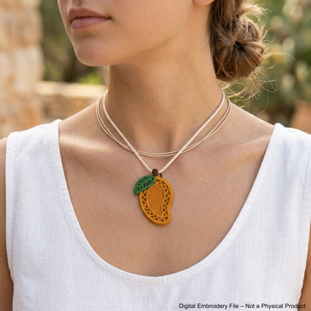 FSL mango embroidery designs in two sizes with mirrored pairs — golden lace body with green leaf — shown as design preview and finished stitched result, Free Standing Lace machine embroidery pattern for earrings and charms.