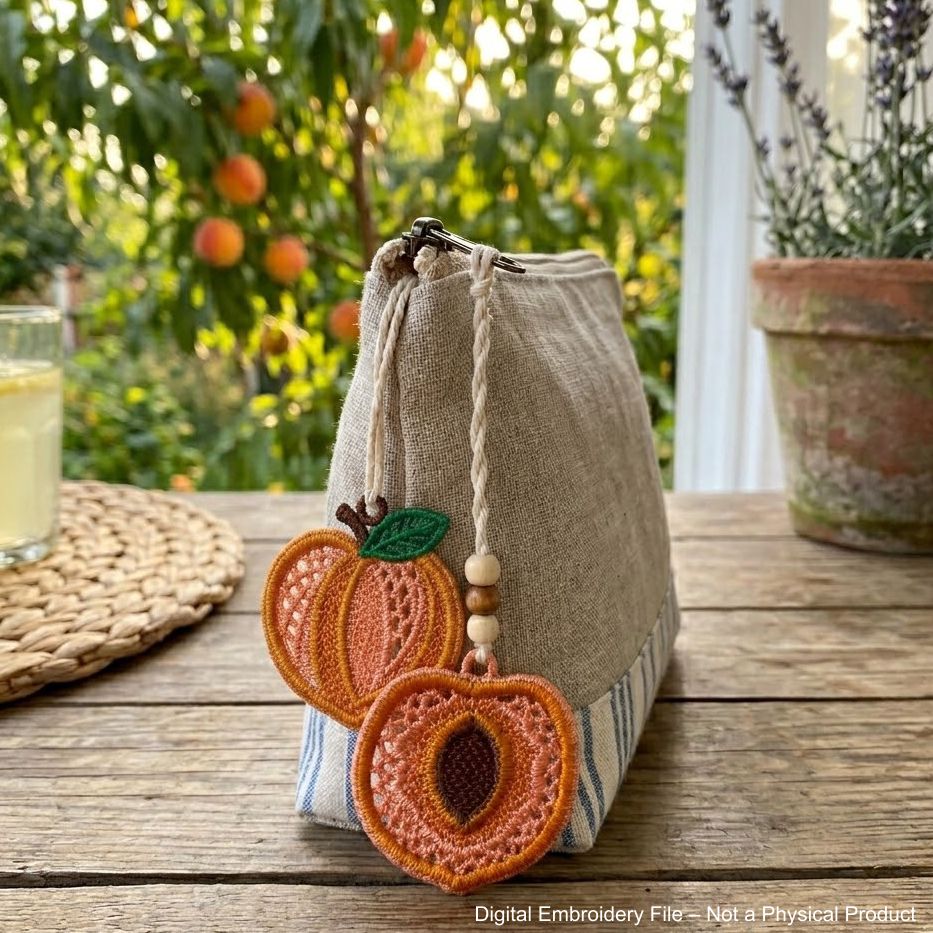 FSL peach embroidery designs in two styles — symmetrical peach half with stone center and whole peach with green leaf — shown as mirrored pairs, Free Standing Lace machine embroidery pattern for earrings and pendants.