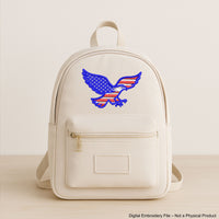 Set of 6 USA-themed machine embroidery designs: map, flag, heart, star, paw print, and eagle, all in American flag style.