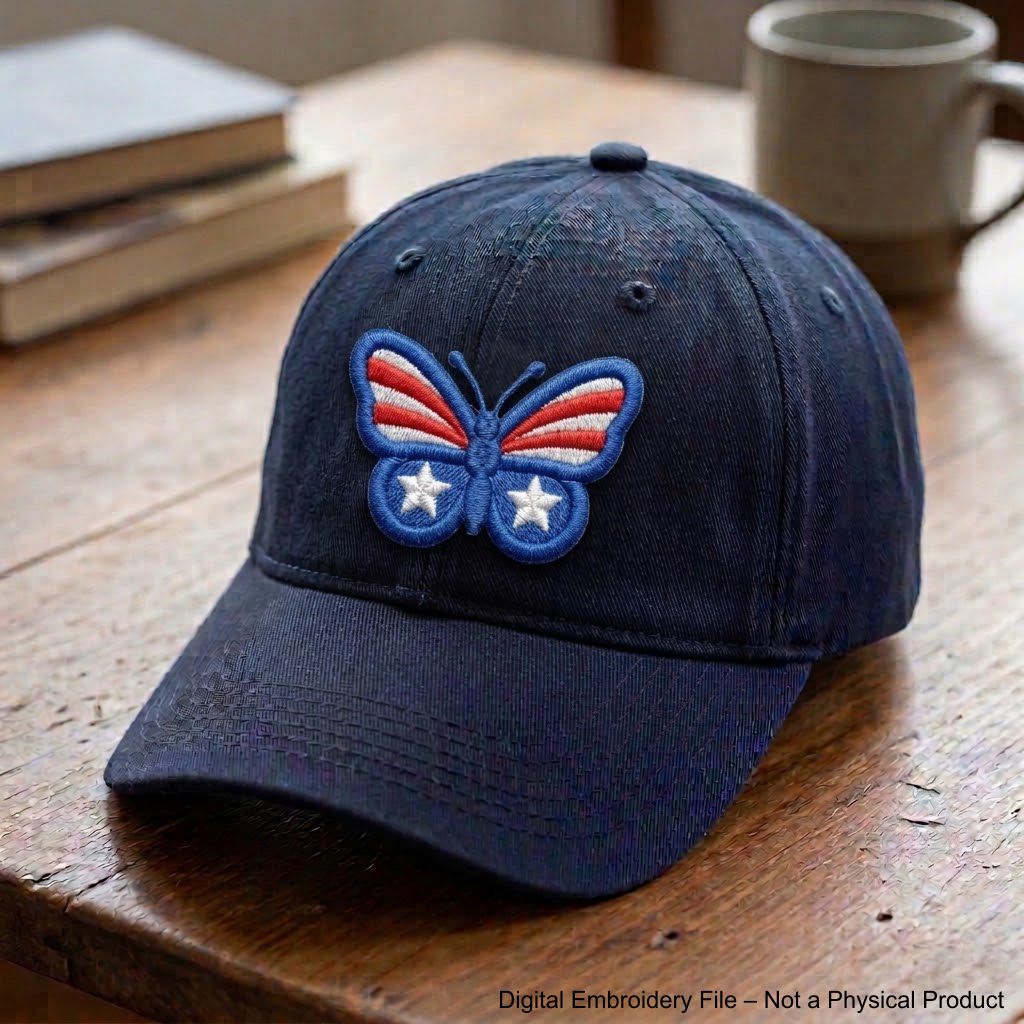 Machine embroidery butterfly design with stars and number 250 placed on the wing in patriotic colors.