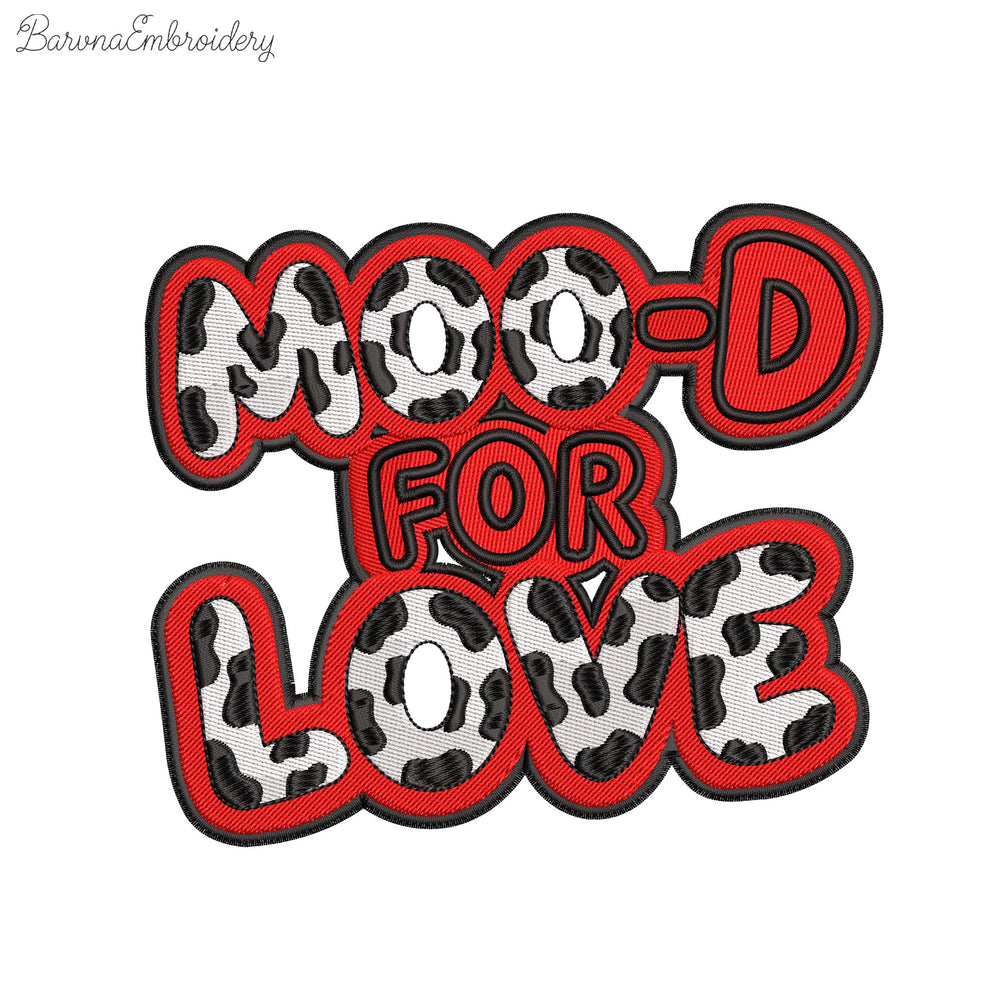 Playful machine embroidery lettering 'MOO-D FOR LOVE' with cow print texture inside the letters and a wavy red border.