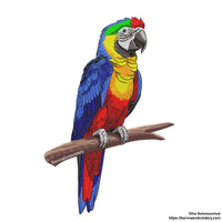 Colorful macaw parrot machine embroidery design sitting on a branch, digital file for embroidery machines.