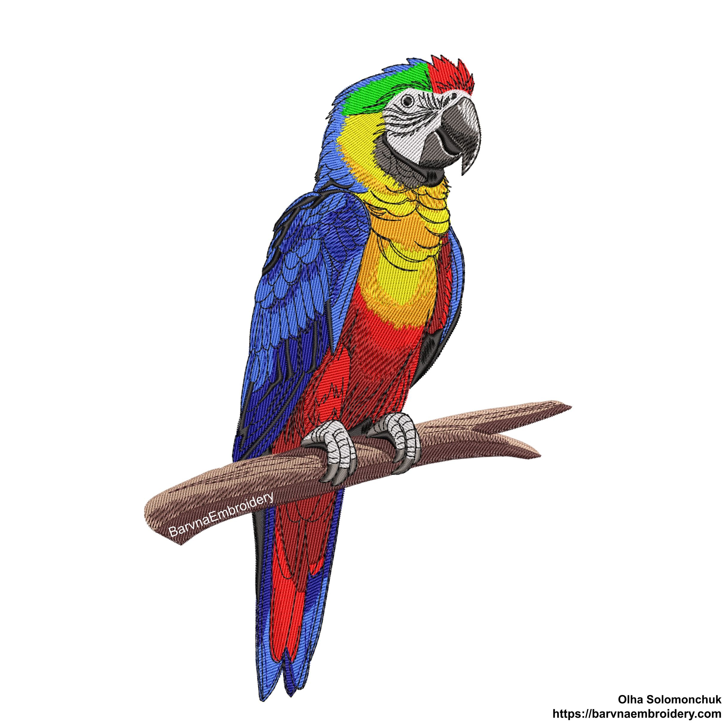 Colorful macaw parrot machine embroidery design sitting on a branch, digital file for embroidery machines.