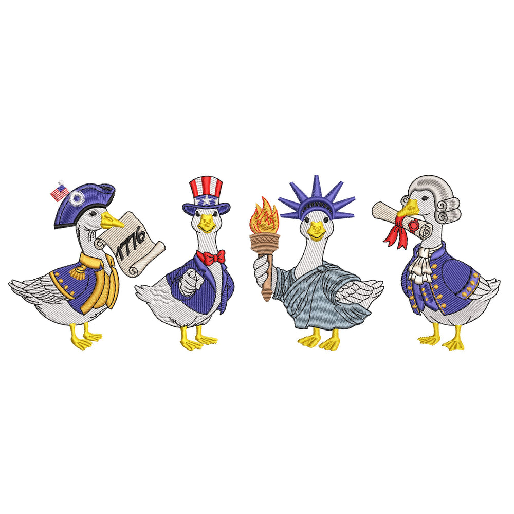 Four patriotic goose embroidery characters standing together in red white and blue style