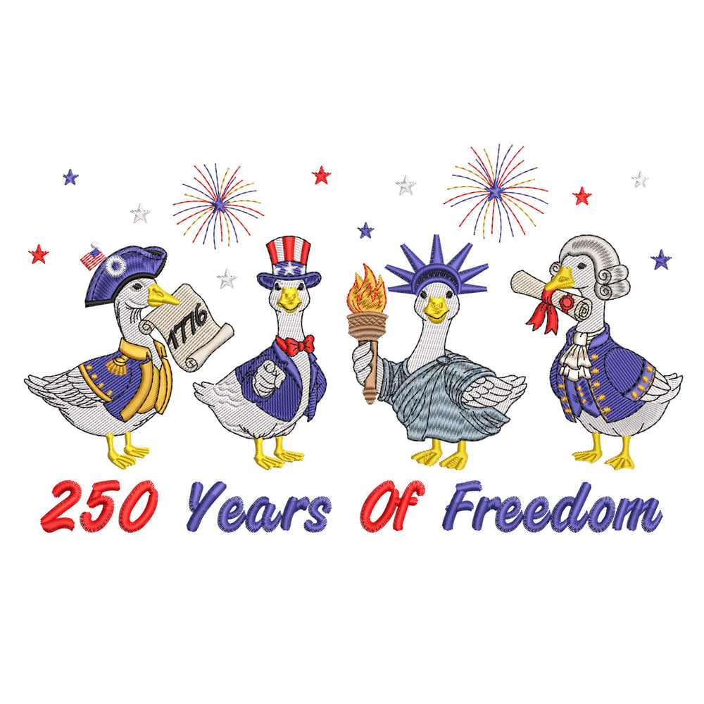 Four patriotic goose characters with text celebrating freedom and patriotic spirit