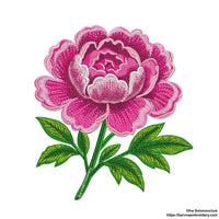 Machine embroidery design of a large pink peony flower with detailed stitching and green leaves, perfect for floral-themed projects and elegant decor.