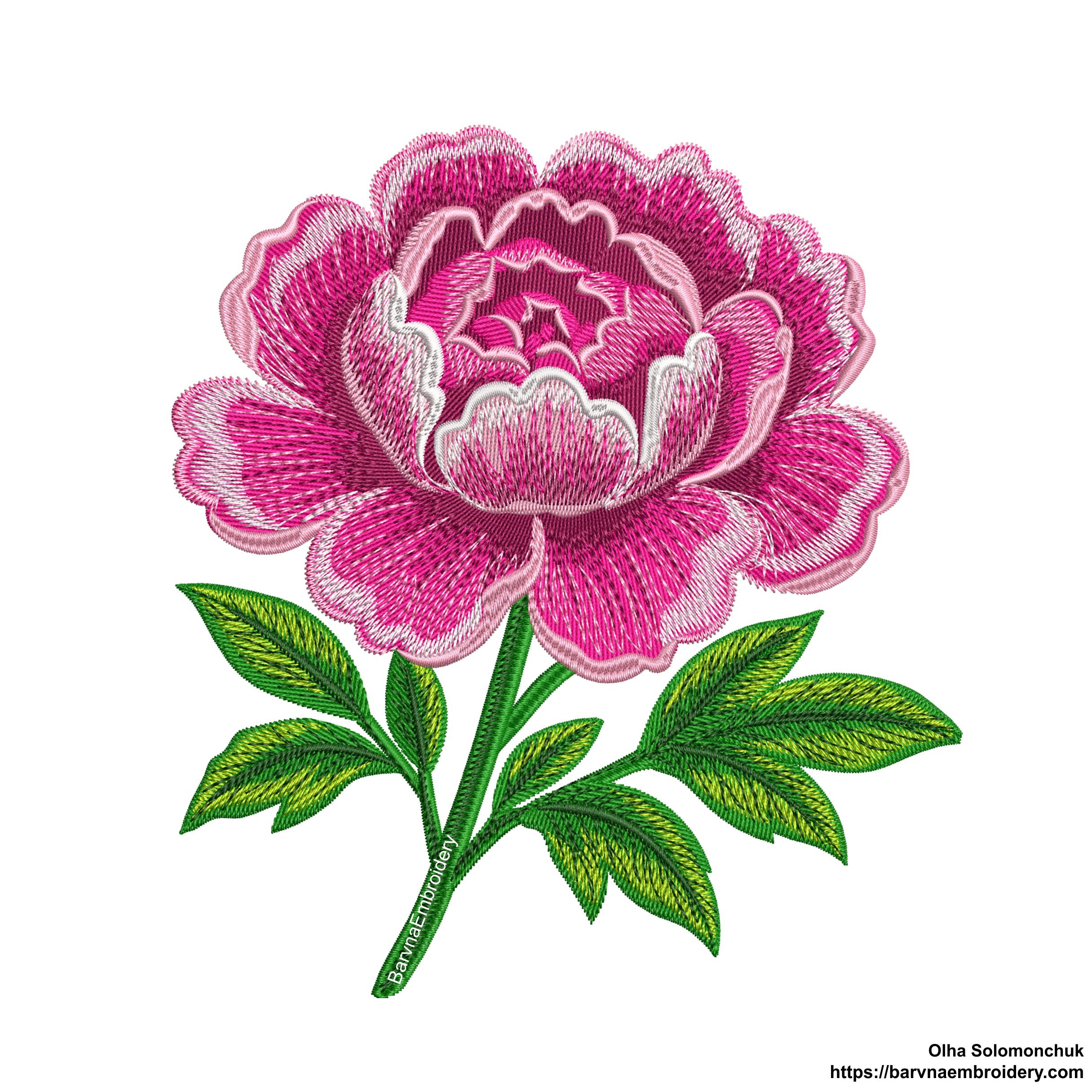 Machine embroidery design of a large pink peony flower with detailed stitching and green leaves, perfect for floral-themed projects and elegant decor.