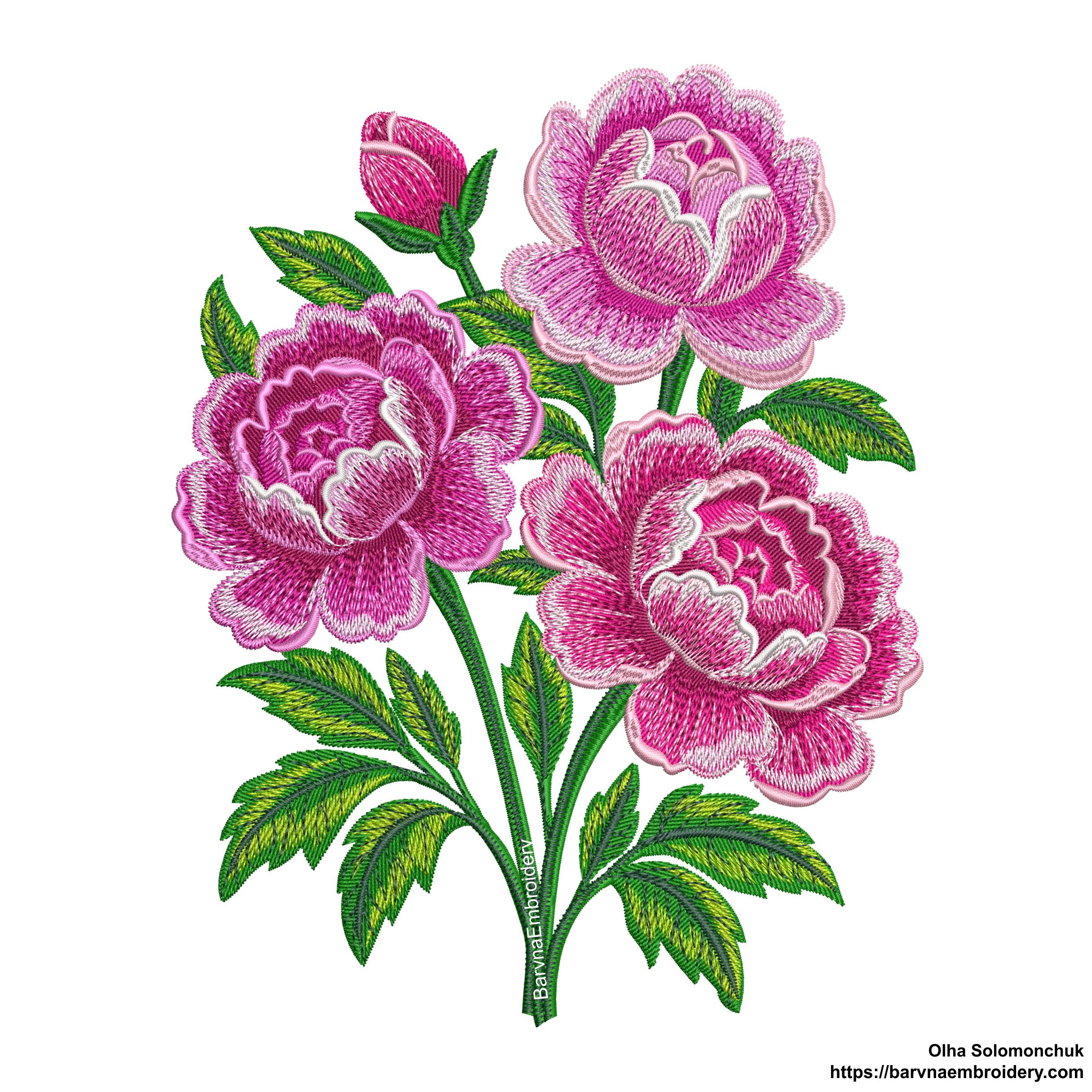 Beautiful machine embroidery design featuring a detailed bouquet of peony flowers in full bloom, perfect for decorative stitching.