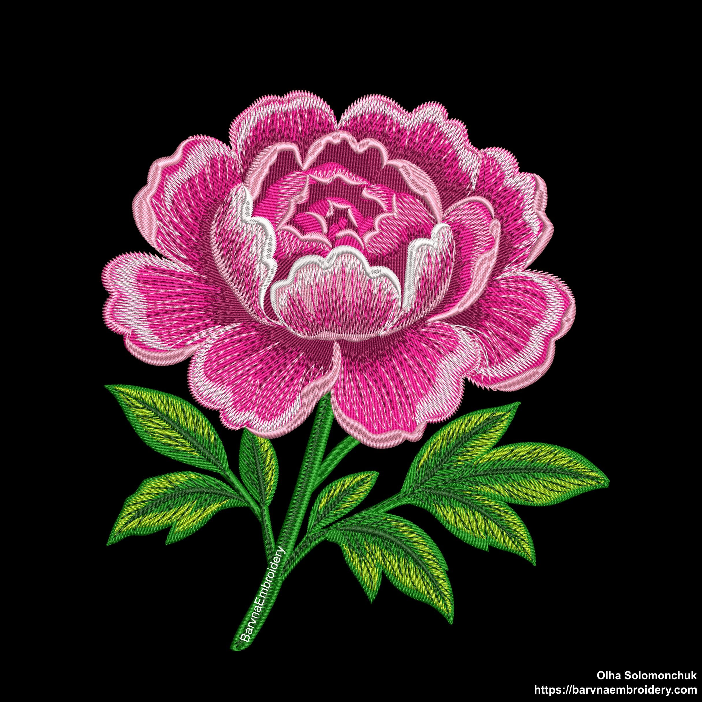 Machine embroidery design of a large pink peony flower with detailed stitching and green leaves, perfect for floral-themed projects and elegant decor.
