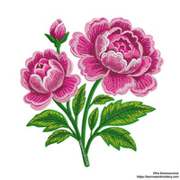 Machine embroidery design of blooming pink peonies with green leaves and a flower bud. Detailed satin and tatami stitches for elegant floral projects.