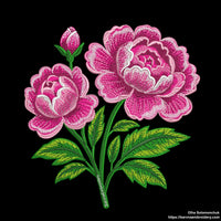 Machine embroidery design of blooming pink peonies with green leaves and a flower bud. Detailed satin and tatami stitches for elegant floral projects.