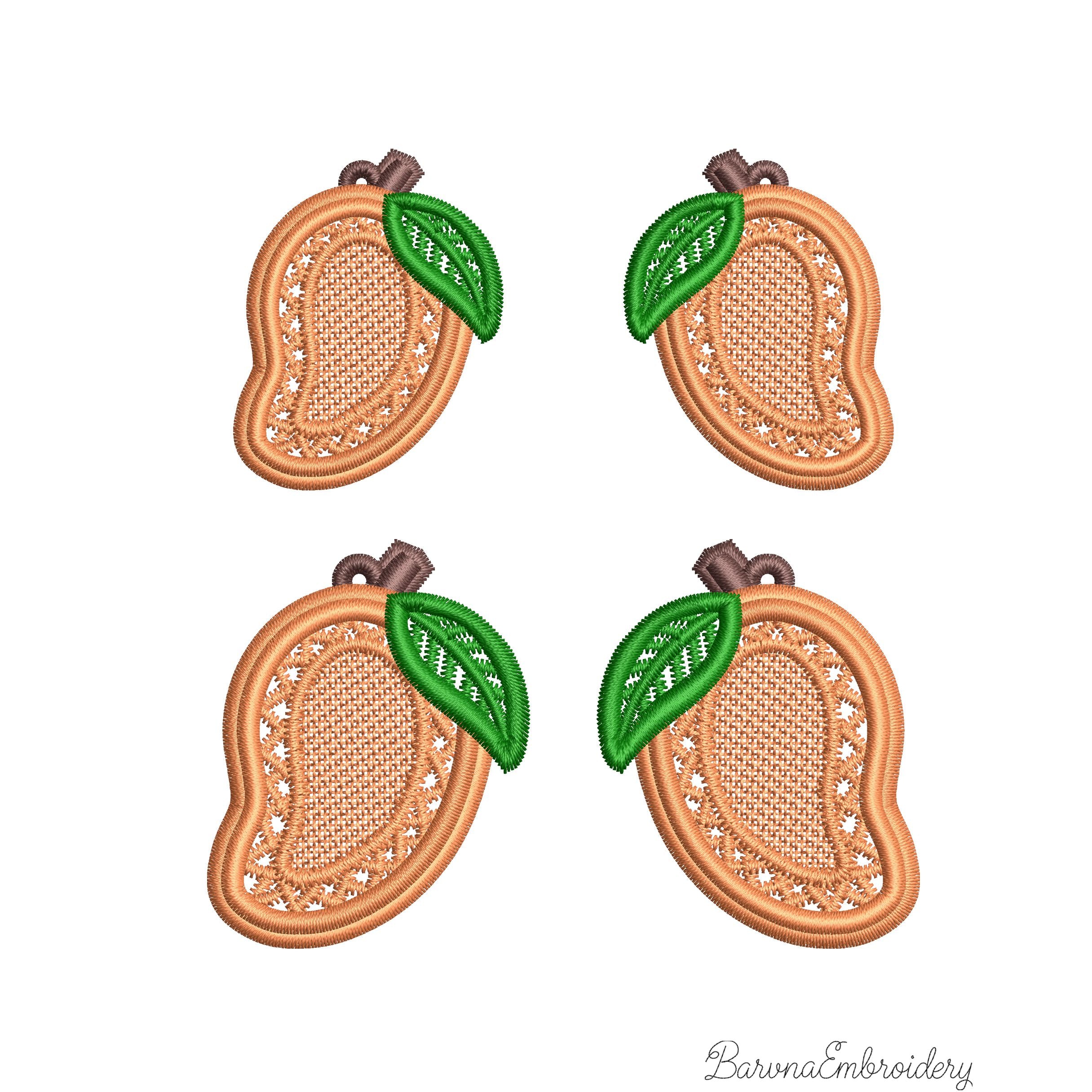 FSL mango embroidery designs in two sizes with mirrored pairs — golden lace body with green leaf — shown as design preview and finished stitched result, Free Standing Lace machine embroidery pattern for earrings and charms.