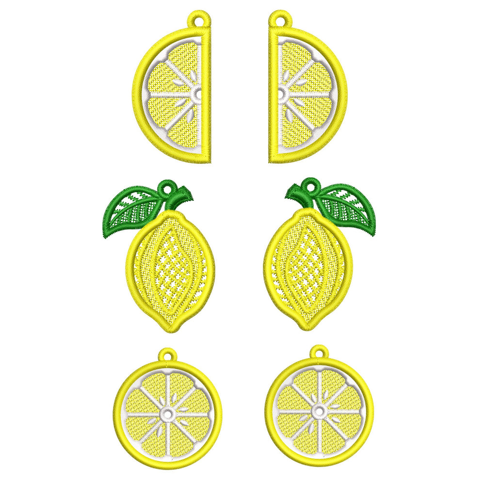 Three pairs of FSL lemon embroidery earrings — half-slice, whole lemon with green leaves, and round citrus slice — displayed on cream fabric, Free Standing Lace machine embroidery design.