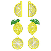 Three pairs of FSL lemon embroidery earrings — half-slice, whole lemon with green leaves, and round citrus slice — displayed on cream fabric, Free Standing Lace machine embroidery design.