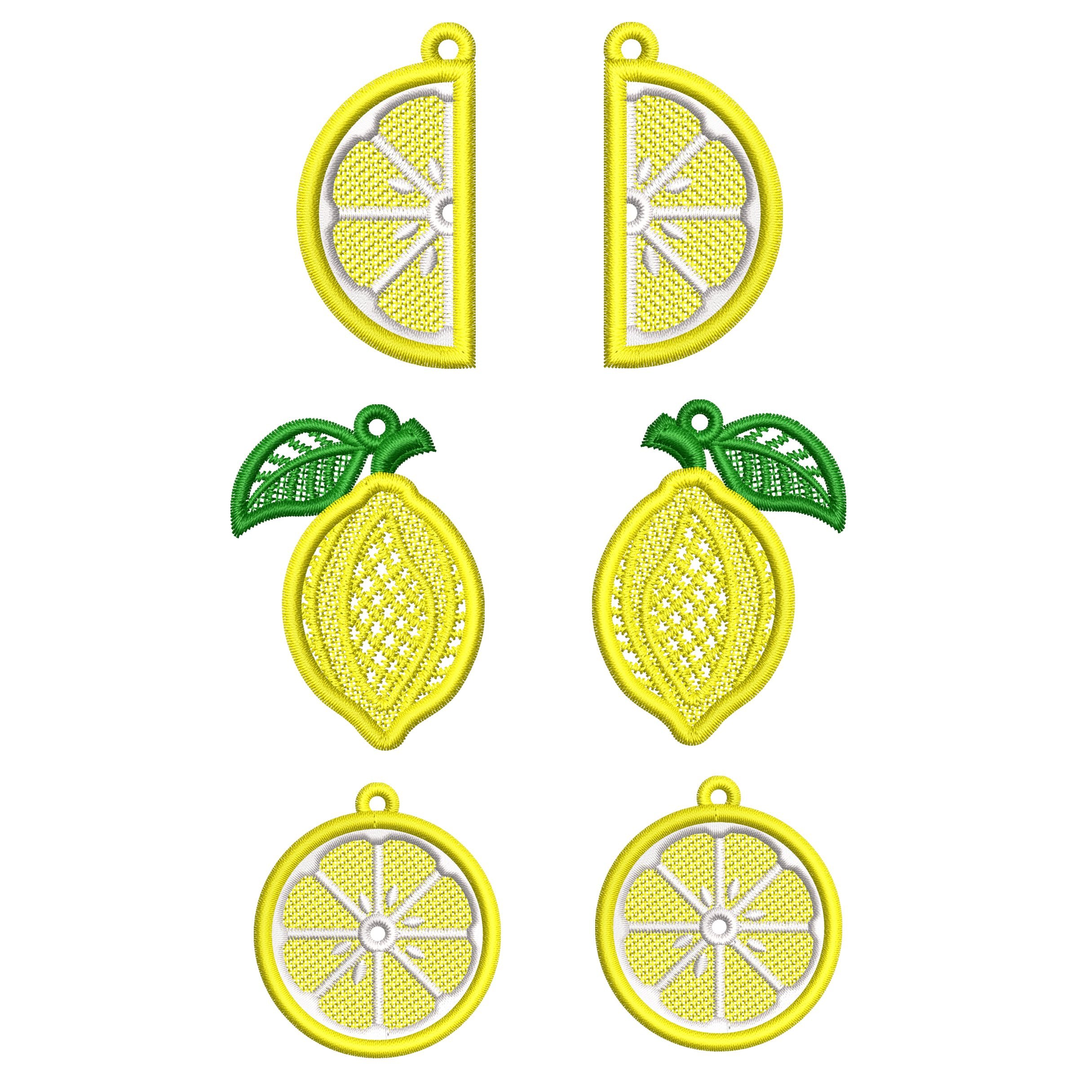 Three pairs of FSL lemon embroidery earrings — half-slice, whole lemon with green leaves, and round citrus slice — displayed on cream fabric, Free Standing Lace machine embroidery design.