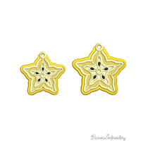 FSL carambola star fruit embroidery designs in two sizes — warm gold lace star shape with cream inner pattern and dark seed details — finished stitched results, Free Standing Lace machine embroidery pattern for earrings and pendants.