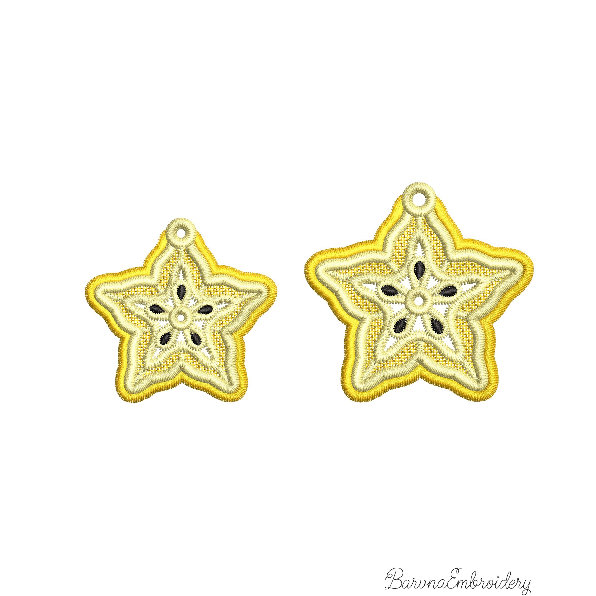 FSL carambola star fruit embroidery designs in two sizes — warm gold lace star shape with cream inner pattern and dark seed details — finished stitched results, Free Standing Lace machine embroidery pattern for earrings and pendants.