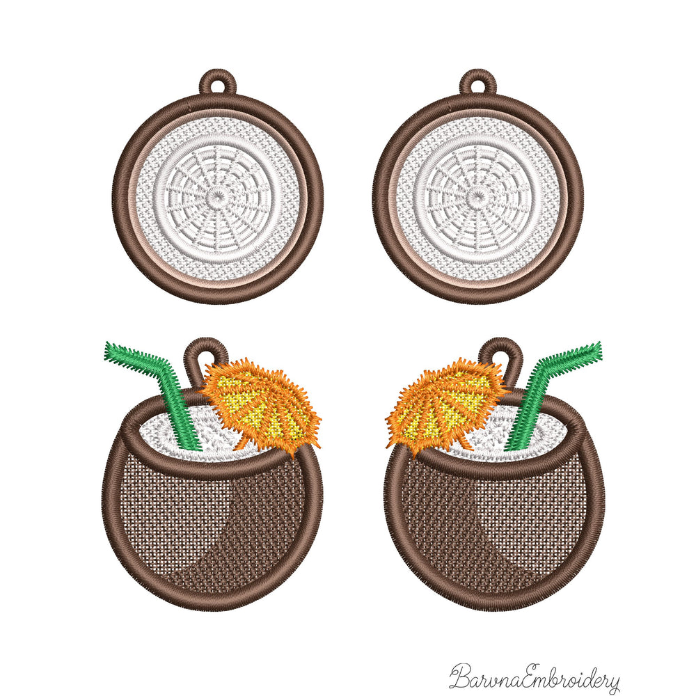 FSL coconut embroidery designs in two styles — round coconut slice with white lace interior and coconut cocktail with straw and umbrella — finished stitched results and design preview, Free Standing Lace machine embroidery pattern.