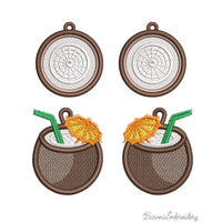 FSL coconut embroidery designs in two styles — round coconut slice with white lace interior and coconut cocktail with straw and umbrella — finished stitched results and design preview, Free Standing Lace machine embroidery pattern.
