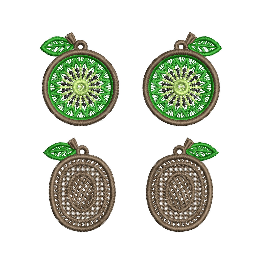 Four FSL kiwi embroidery designs in two styles — green kiwi cross-section and brown whole kiwi fruit — shown as mirrored pairs, Free Standing Lace machine embroidery pattern for earrings and pendants.