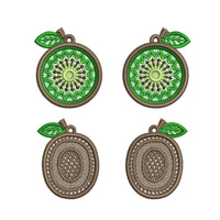 Four FSL kiwi embroidery designs in two styles — green kiwi cross-section and brown whole kiwi fruit — shown as mirrored pairs, Free Standing Lace machine embroidery pattern for earrings and pendants.