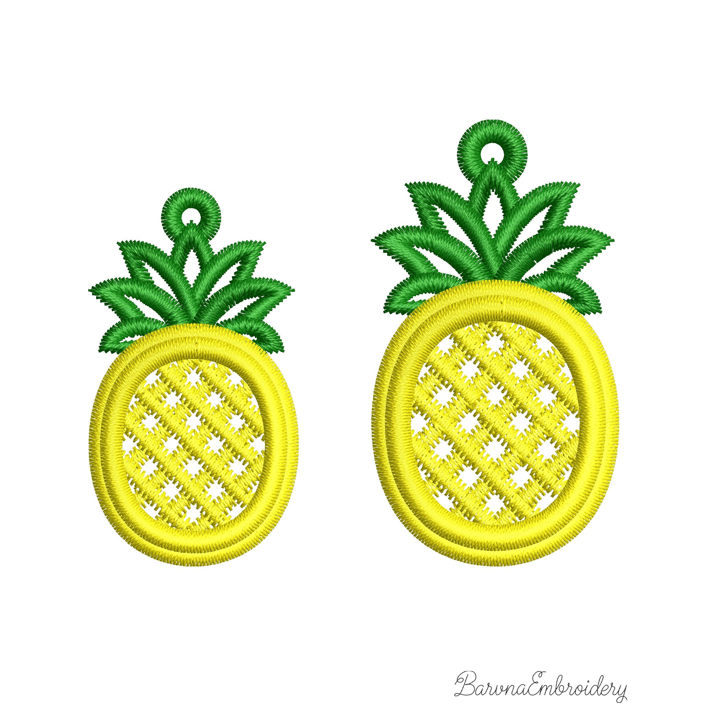 FSL pineapple embroidery design previews — yellow lace body with green crown and hanging loop — Free Standing Lace machine embroidery pattern for earrings and pendants.