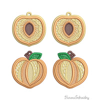 FSL peach embroidery designs in two styles — symmetrical peach half with stone center and whole peach with green leaf — shown as mirrored pairs, Free Standing Lace machine embroidery pattern for earrings and pendants.