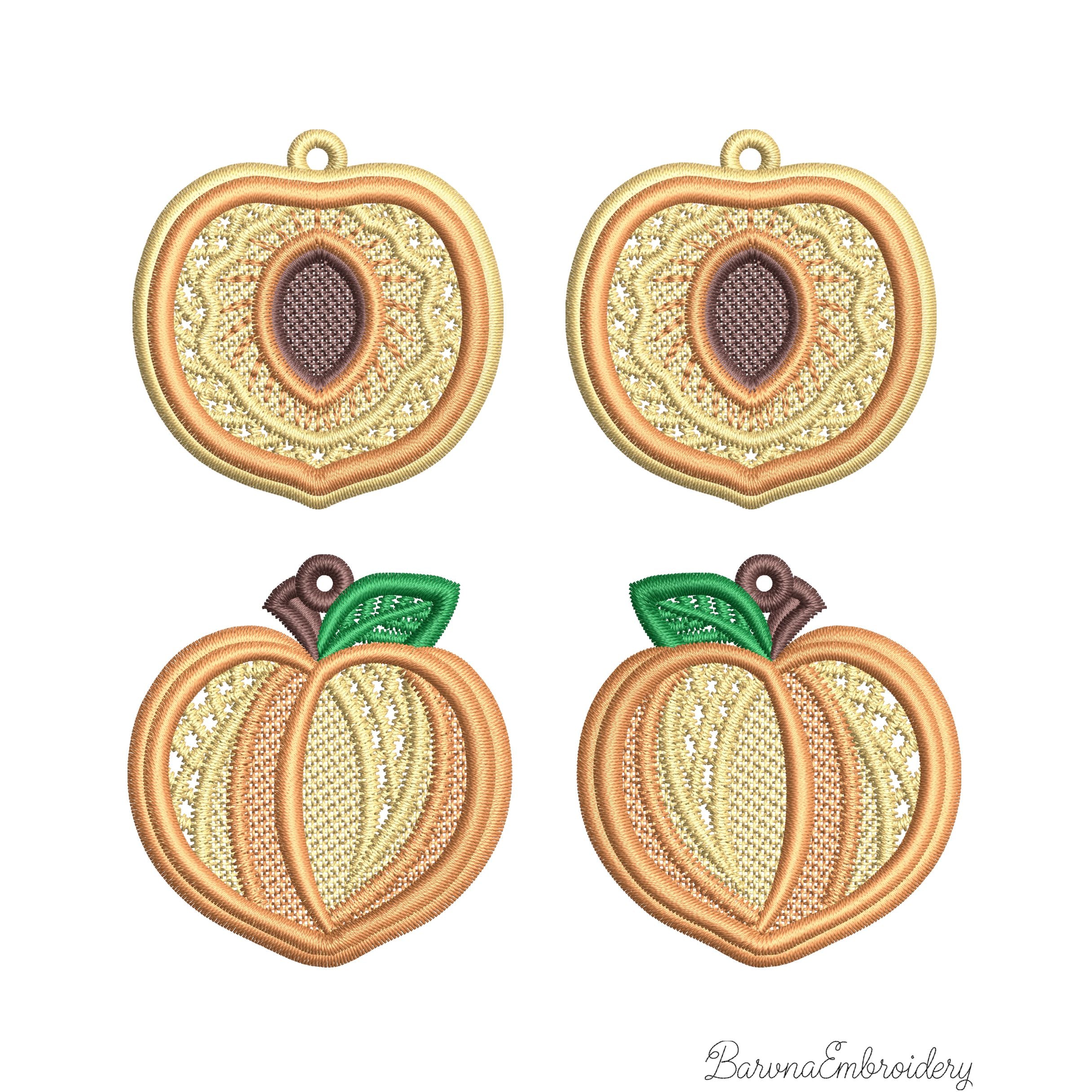 FSL peach embroidery designs in two styles — symmetrical peach half with stone center and whole peach with green leaf — shown as mirrored pairs, Free Standing Lace machine embroidery pattern for earrings and pendants.
