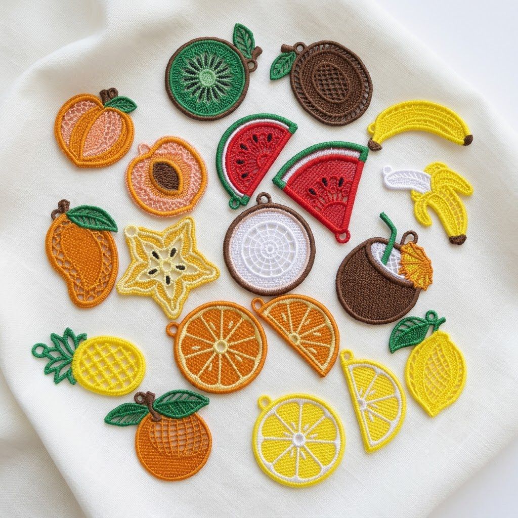 Collection of 10 FSL fruit embroidery designs — watermelon, lemon, orange, banana, kiwi, peach, pineapple, carambola, mango and coconut — Free Standing Lace machine embroidery bundle for earrings, pendants and charms.