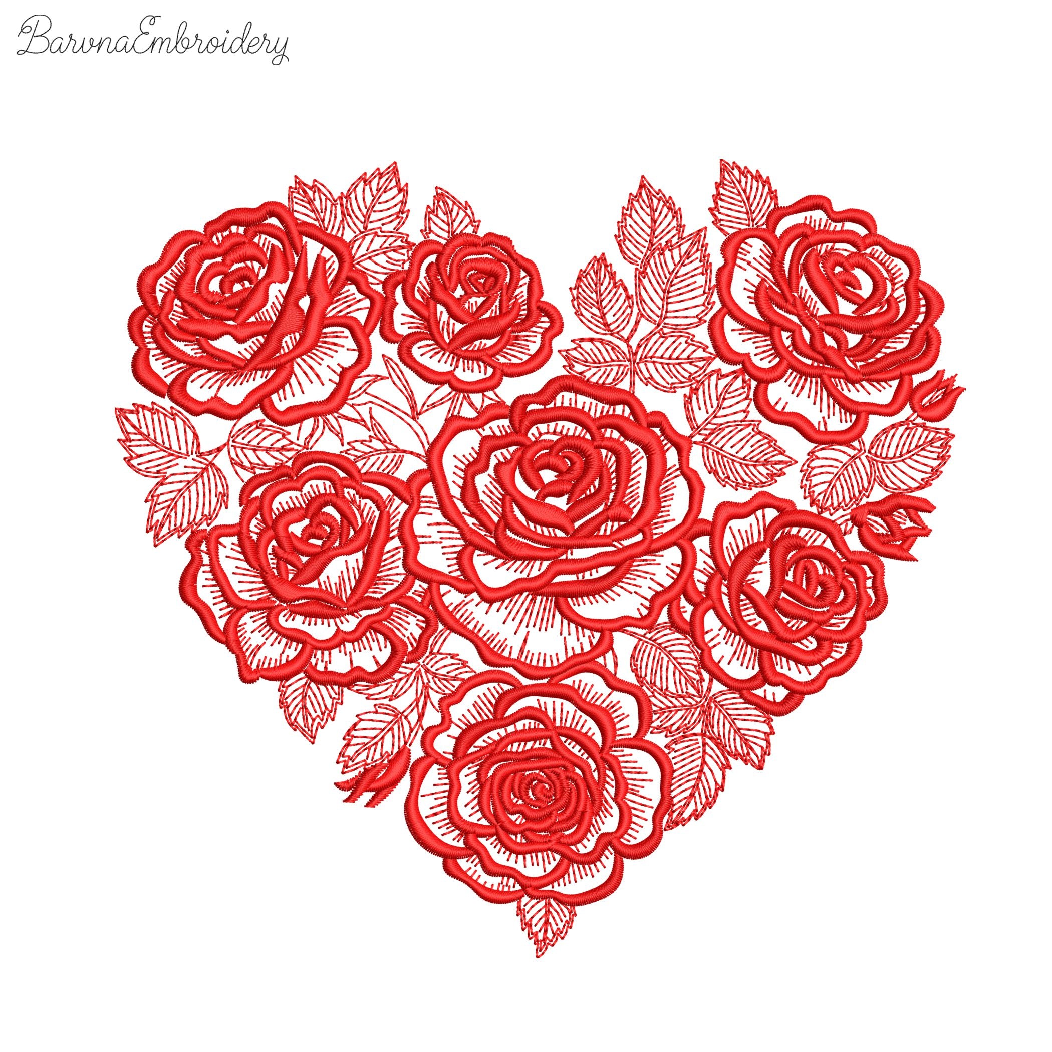 Red floral heart machine embroidery design with detailed flowers in a single color style, romantic love themed embroidery pattern.