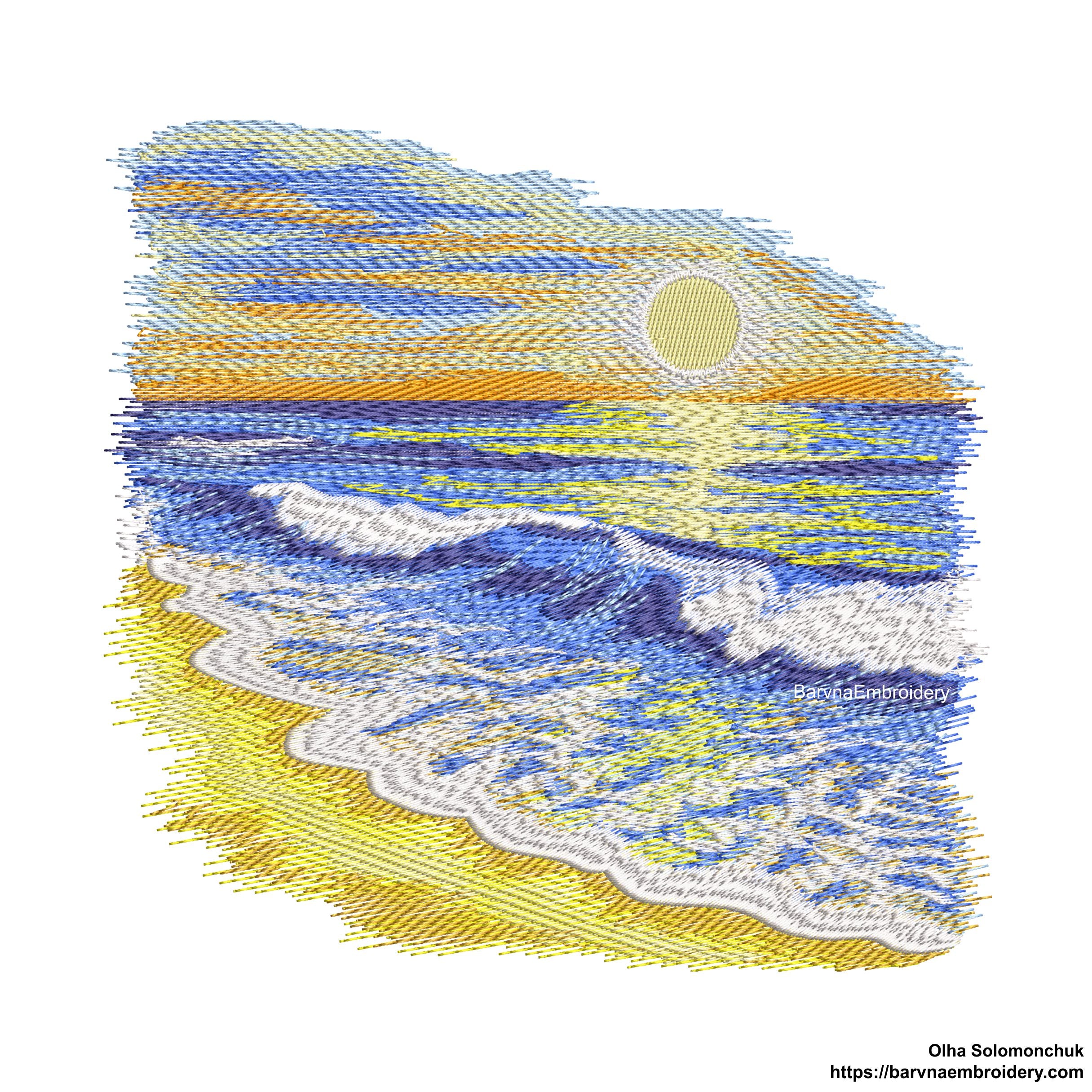 Machine embroidery design of a seaside landscape with golden sand, gentle ocean waves, and a vibrant sunset.