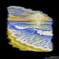 Machine embroidery design of a seaside landscape with golden sand, gentle ocean waves, and a vibrant sunset.