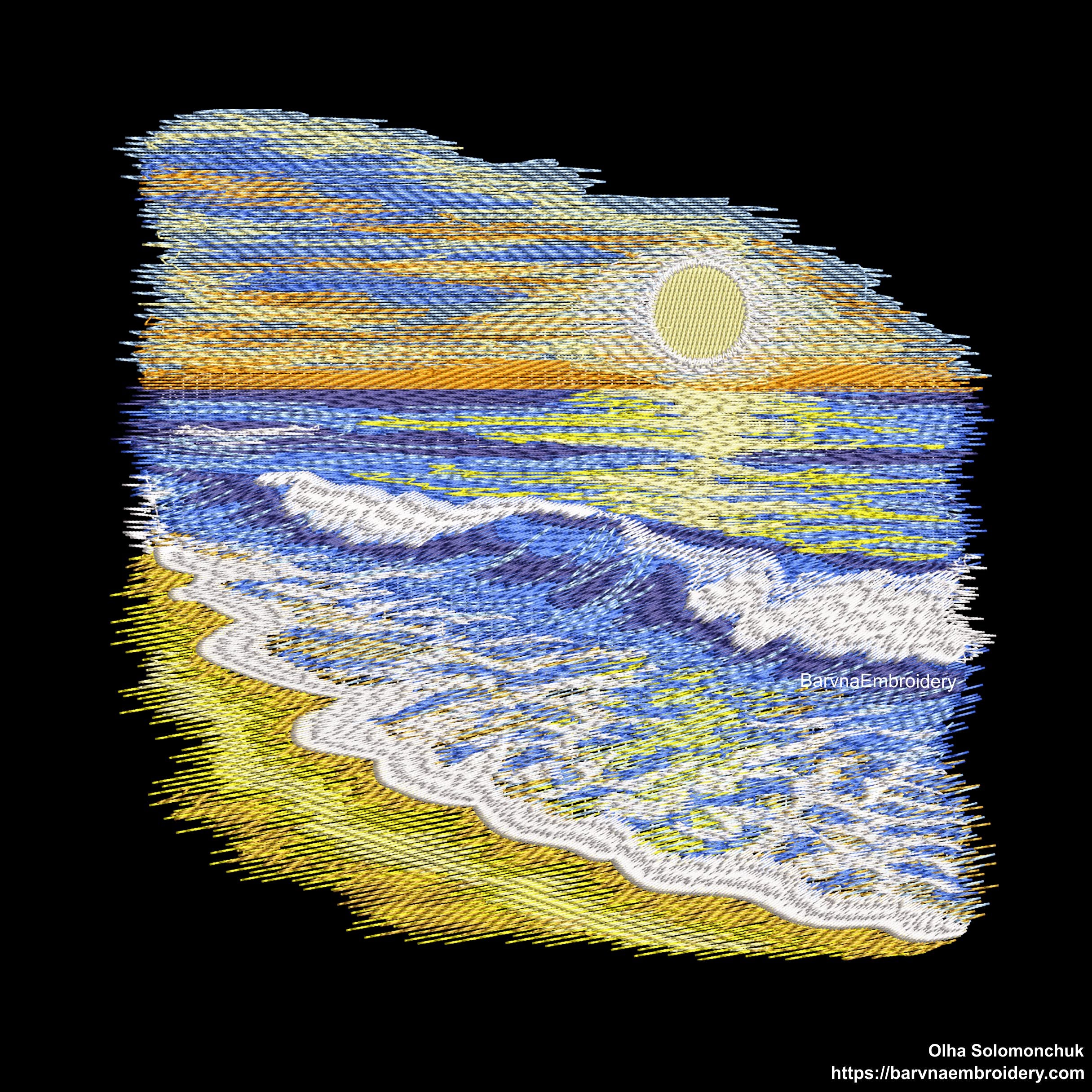 Machine embroidery design of a seaside landscape with golden sand, gentle ocean waves, and a vibrant sunset.