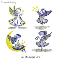 Set of four Christmas angel girl machine embroidery designs, 2-color embroidery files for kids and holiday projects