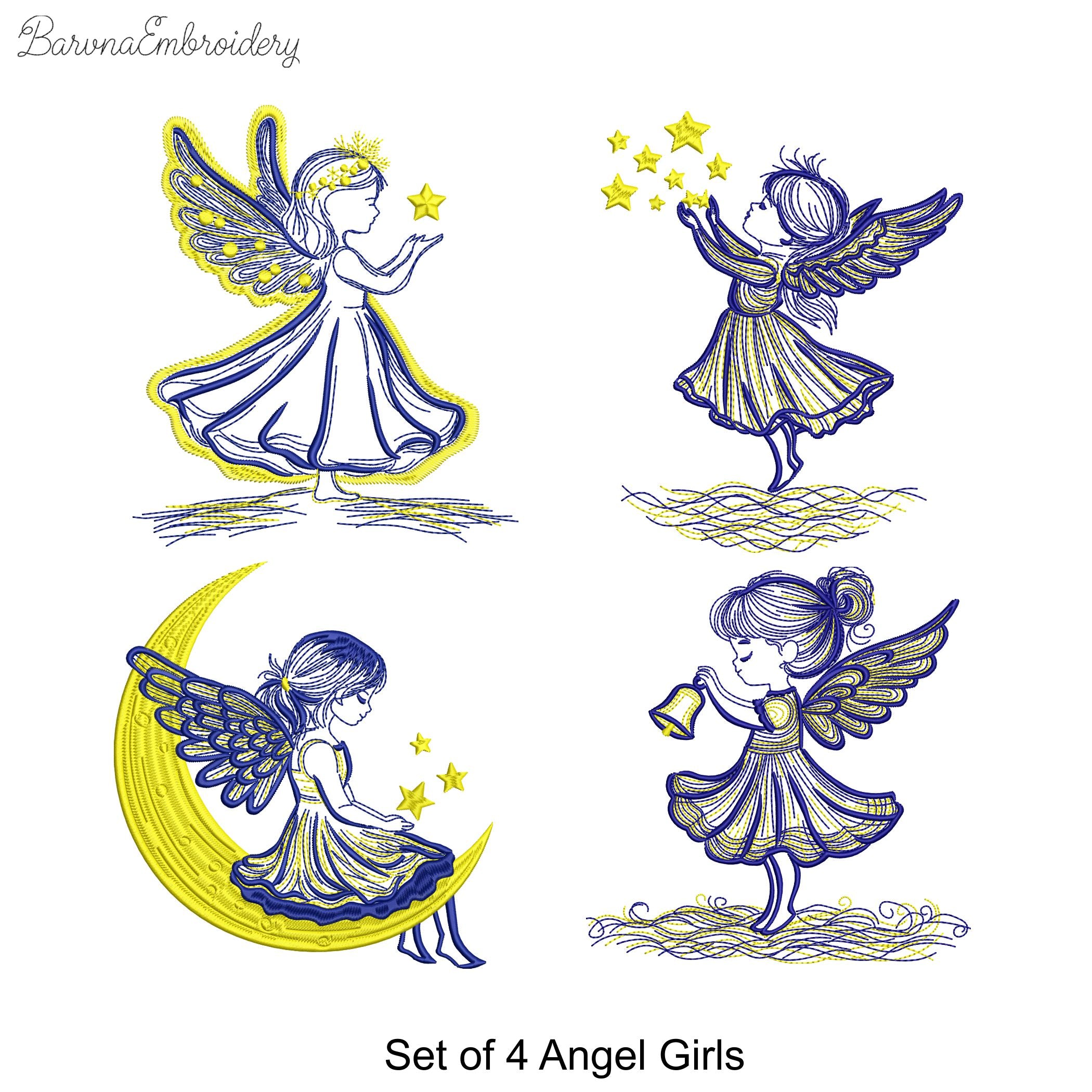 Set of four Christmas angel girl machine embroidery designs, 2-color embroidery files for kids and holiday projects
