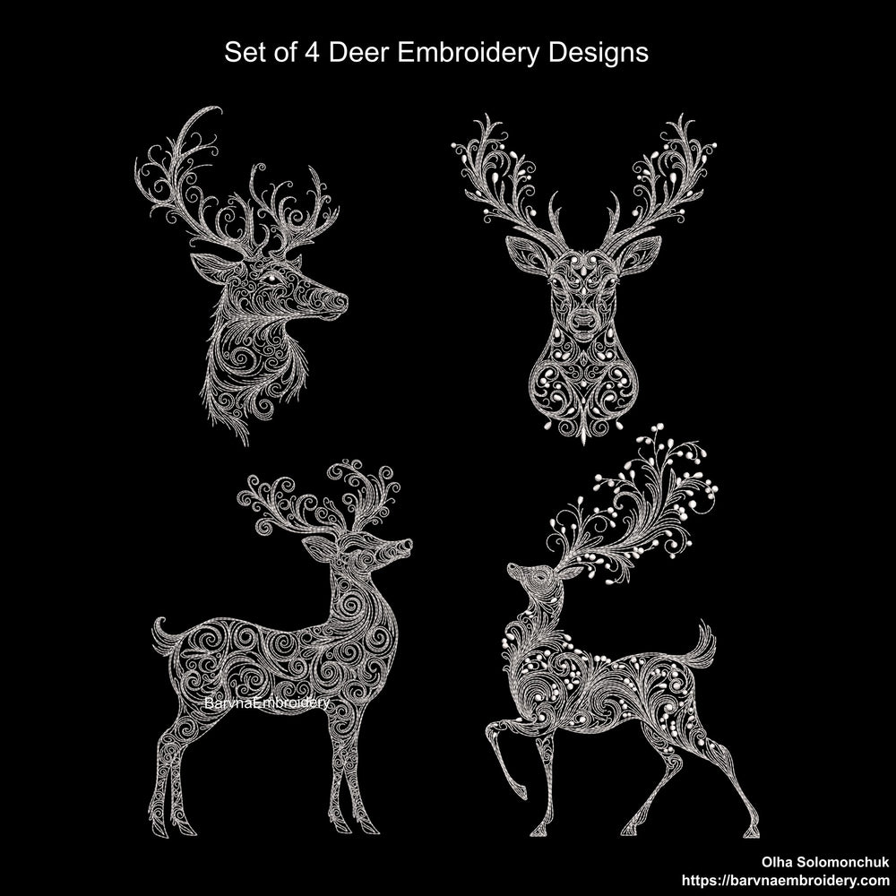 Set of 4 deer embroidery designs – one-color swirl machine embroidery files for Christmas, winter, and festive projects.