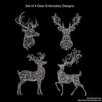 Set of 4 deer embroidery designs – one-color swirl machine embroidery files for Christmas, winter, and festive projects.