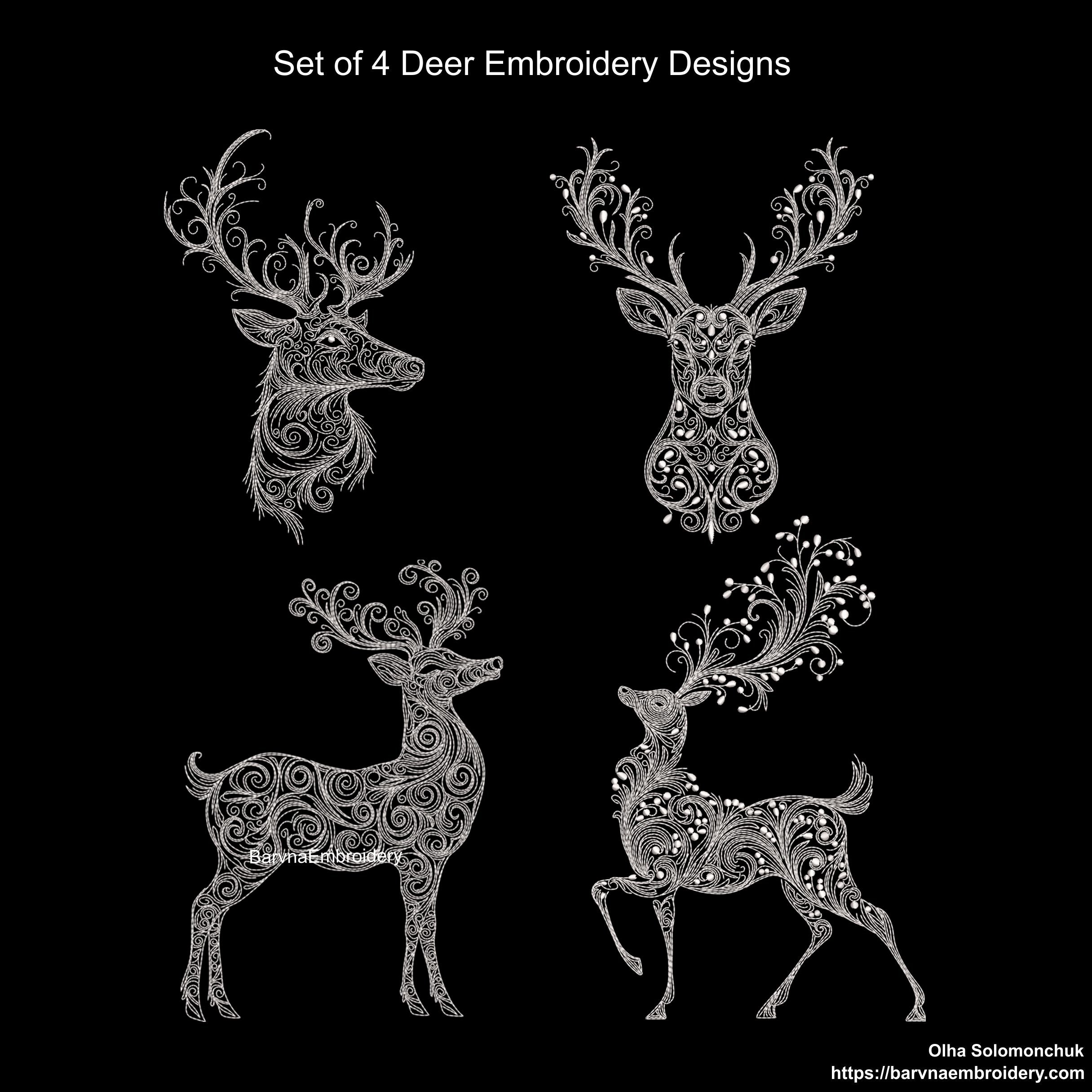 Set of 4 deer embroidery designs – one-color swirl machine embroidery files for Christmas, winter, and festive projects.