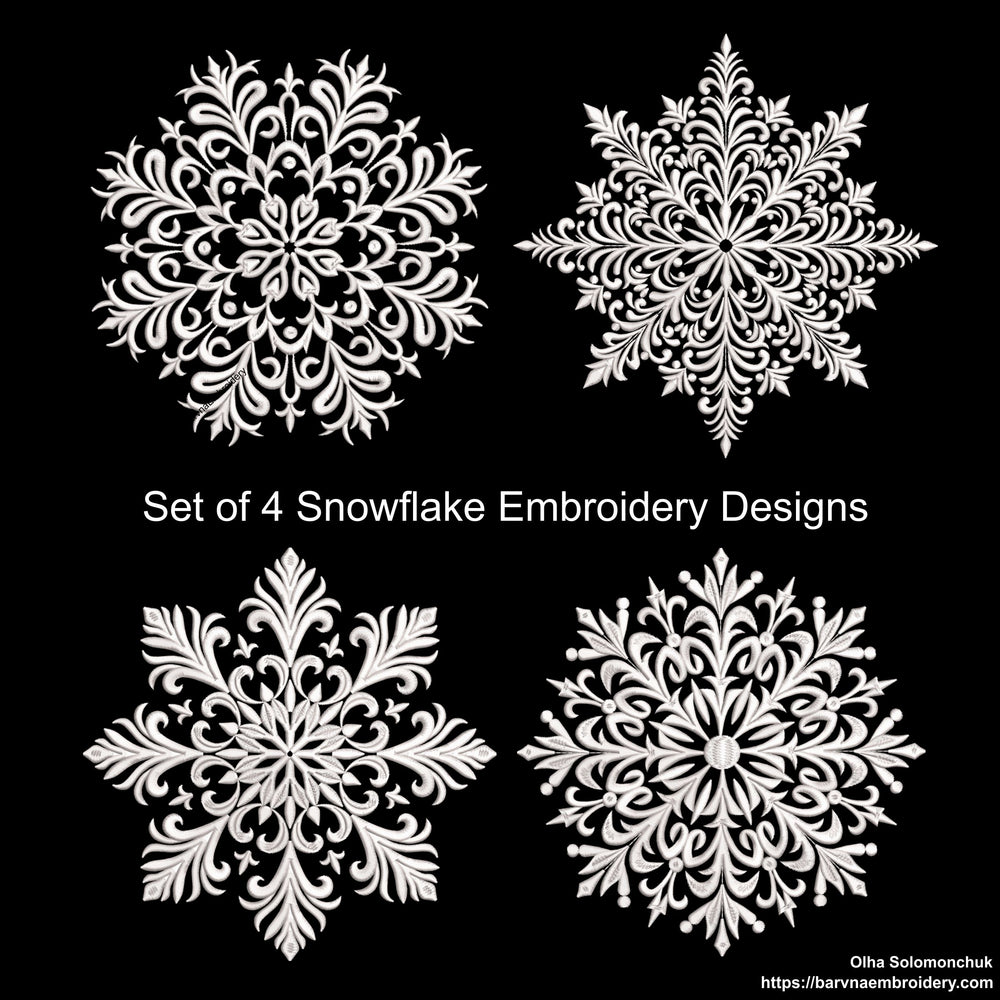 Set of 4 detailed snowflake embroidery designs – single color machine embroidery files for winter and Christmas projects.