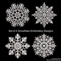 Set of 4 detailed snowflake embroidery designs – single color machine embroidery files for winter and Christmas projects.